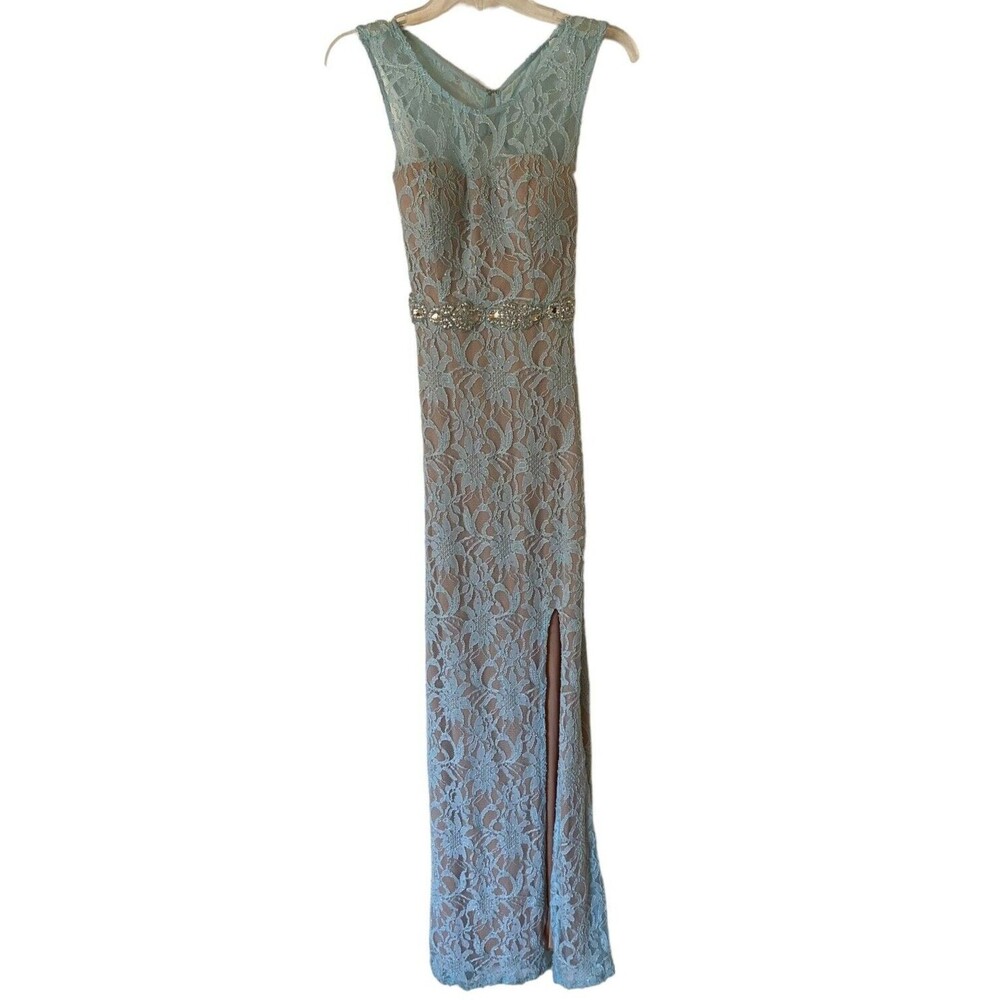 Jodi Kristopher Blue Lace Formal Maxi Dress Juniors 5 Sleeveless Prom Bridesmaid